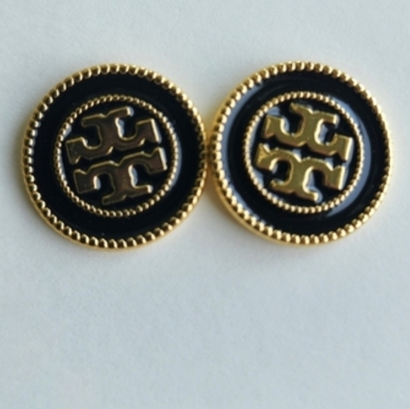 Tory Burch Black and Gold Round Logo Stud Earrings - Picture 4 of 4